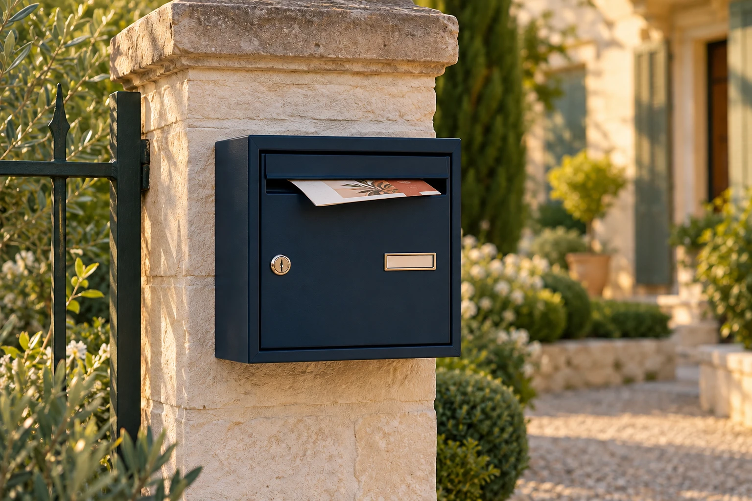 Boîte aux lettres bleu nuit sur un pilier de pierre, avec un flyer dans la fente